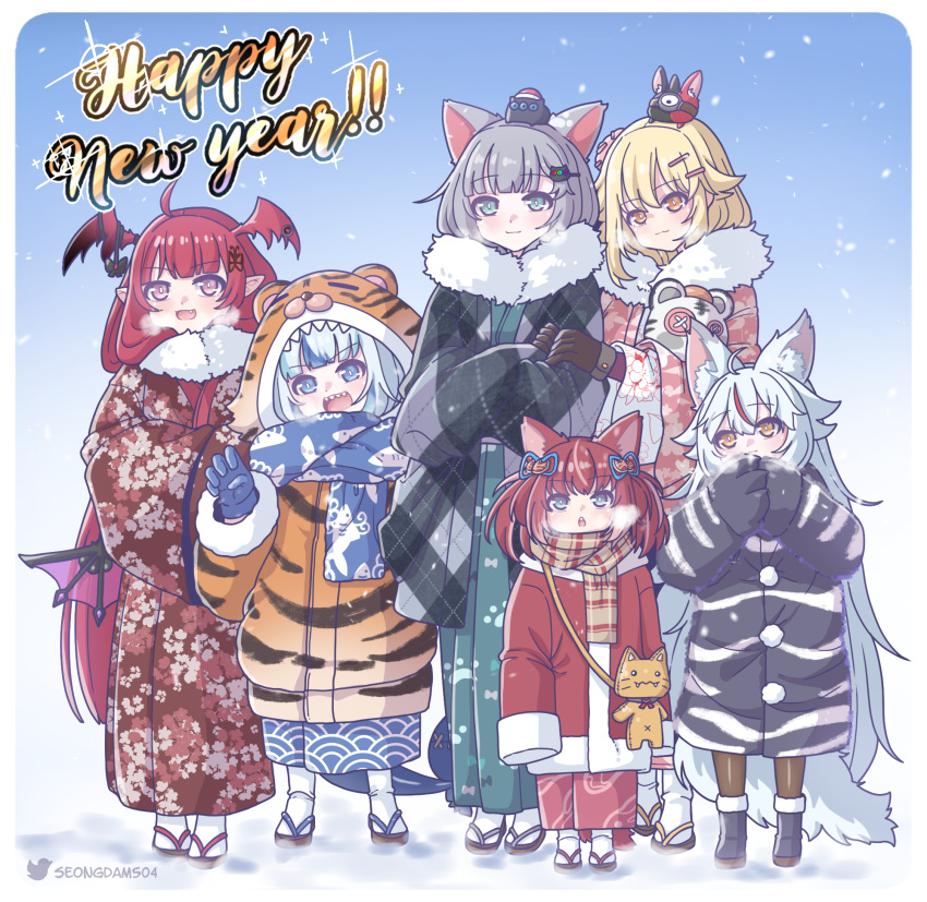 animal_ear_fluff animal_ears araka_luto blonde_hair blue_eyes blue_hair breath cat_girl character_request coat cold creator_connection demon_girl fox_ears fox_girl gawr_gura gloves happy_new_year highres hololive hololive_english indie_virtual_youtuber japanese_clothes kamiko_kana kimono medium_hair mittens monja_(monja0521) multicolored_hair multiple_girls nacho_(amashiro_natsuki) new_year original outdoors prism_project red_eyes red_hair scarf shark_girl silver_hair snowing streaked_hair virtual_youtuber white_hair winter winter_clothes yellow_eyes