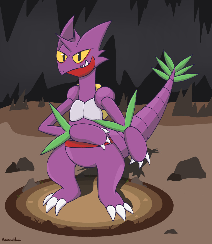 2022 absurd_res ambiguous_gender anthro biped cave claws digital_media_(artwork) fak&eacute;mon fusion hi_res horn hybrid leaf moonabloom nidoking nintendo pok&eacute;mon pok&eacute;mon_(species) pok&eacute;mon_fusion purple_body scalie sceptile smile smirk solo spikes toe_claws video_games yellow_eyes