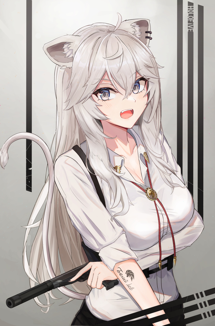 1girl absurdres ahoge animal_ears black_nails bolo_tie breasts cleavage collarbone commentary copyright_name earrings eyebrows_visible_through_hair grey_background grey_eyes grey_hair gun handgun highres holding holding_gun holding_weapon hololive jewelry large_breasts lion_ears lion_tail long_hair looking_at_viewer nail_polish oksuri open_mouth pistol shishiro_botan signature sleeve solo suppressor tail tattoo trigger_discipline v-shaped_eyebrows very_long_hair weapon