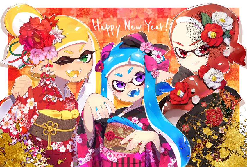 3girls :d ;d black_kimono blonde_hair blue_hair blue_tongue bow checkered_background closed_mouth colored_tongue commentary english_text fangs floral_print flower green_eyes hair_bow hair_flower hair_ornament happy_new_year highres inking japanese_clothes kimono long_hair long_sleeves looking_at_viewer multiple_girls new_year nomu one_eye_closed open_mouth outside_border pointy_ears print_kimono red_eyes red_hair red_kimono shadow short_hair short_hair_with_long_locks side-by-side side_ponytail smile splatoon_(series) squid_pose standing tan tied_hair wide_sleeves yellow_tongue