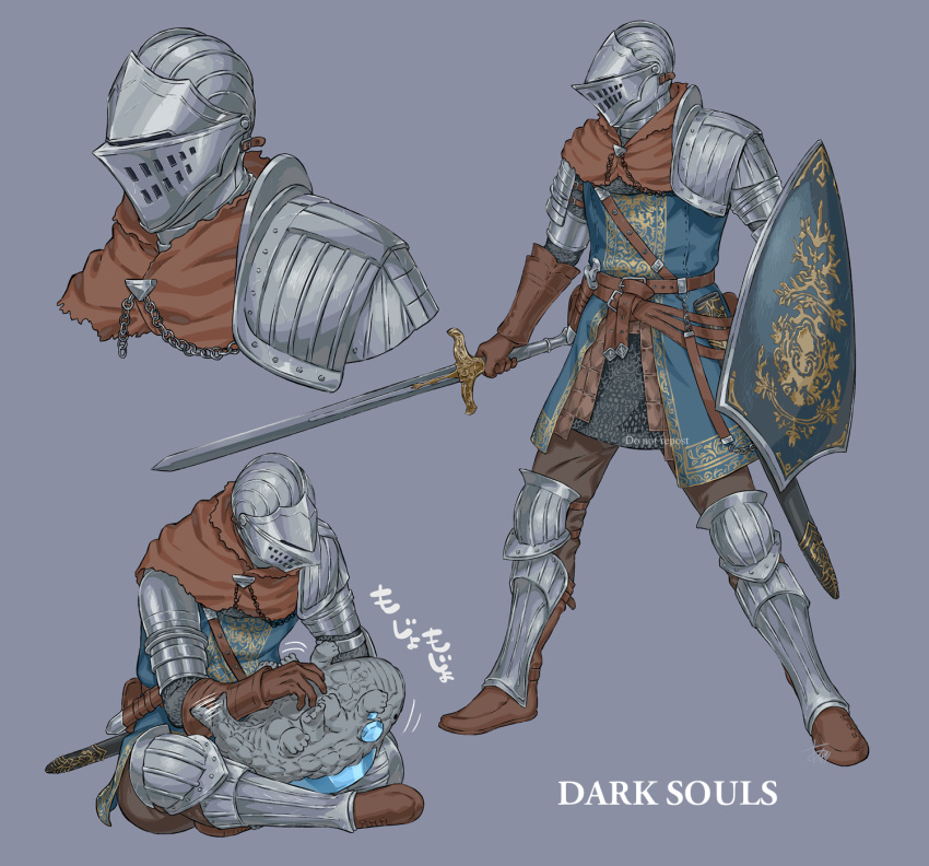 1other ambiguous_gender arizuka_(catacombe) armor belt boots brown_belt brown_footwear brown_gloves chosen_undead copyright_name crystal_lizard dark_souls_(series) dark_souls_i full_armor full_body gauntlets gloves helm helmet highres holding holding_shield holding_sword holding_weapon knee_boots knight pauldrons shield shoulder_armor simple_background standing sword tickling translation_request weapon