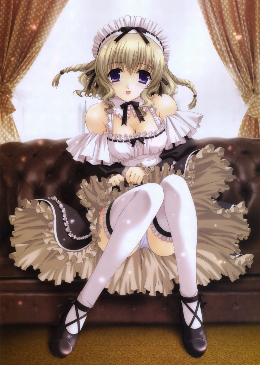 absurdres braid breasts brown_hair cleavage copyright_request couch curtains detached_collar frilled_legwear highres indoors kimizuka_aoi looking_at_viewer maid medium_breasts open_mouth purple_eyes ribbon-trimmed_headwear ribbon_trim smile solo thighhighs twin_braids white_legwear