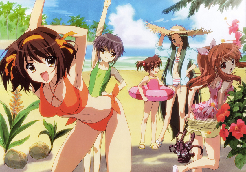 arms_up artist_request asahina_mikuru bikini brown_hair day hairband highres innertube kyon_no_imouto long_hair multiple_girls nagato_yuki polka_dot polka_dot_bikini ponytail short_hair striped striped_bikini suzumiya_haruhi suzumiya_haruhi_no_yuuutsu swimsuit tsuruya vertical-striped_bikini vertical_stripes very_long_hair