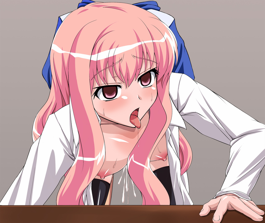 1girl ahegao ashita_harere asu_hare asuhare bent_over blush clothed_sex cum dilated_pupils highres long_hair louise_francoise_le_blanc_de_la_valliere pink_eyes pink_hair sex tongue vaginal zero_no_tsukaima