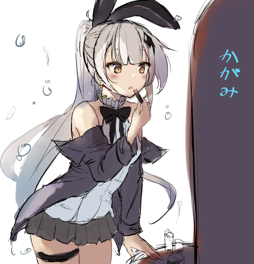 1girl :o animal_ears bangs black_jacket black_neckwear black_skirt blouse blush bow bowtie breasts brown_eyes bubble bunny_ears bunny_hair_ornament crescent crescent_earrings earrings eyebrows_visible_through_hair five-seven_(girls_frontline) girls_frontline hair_between_eyes hair_ornament high_ponytail highres holding holding_lipstick_tube jacket jewelry lipstick lipstick_tube long_hair long_ponytail looking_at_mirror makeup medium_breasts mirror off_shoulder ponytail silver_hair skirt staring thigh_strap white_blouse zengi