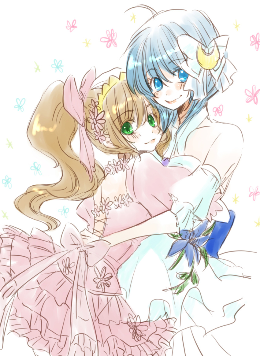 2girls :3 ahoge back back_bow backless_dress backless_outfit bangs bare_shoulders blue_eyes blue_hair blush bow brown_hair closed_mouth commentary_request crescent crescent_hair_ornament cross-laced_clothes curly_hair dot_nose dress dress_bow eyebrows_visible_through_hair eyes_visible_through_hair frilled_dress frilled_sleeves frills green_eyes hair_between_eyes hair_bow hair_ornament head_to_head high_ponytail highres hug layered_dress lips long_hair looking_at_viewer medium_hair multiple_girls pale_color pink_bow pink_dress pointy_ears ponyo_soa precis_neumann puffy_short_sleeves puffy_sleeves rena_lanford short_sleeves sketch smile star_ocean star_ocean_the_second_story white_background