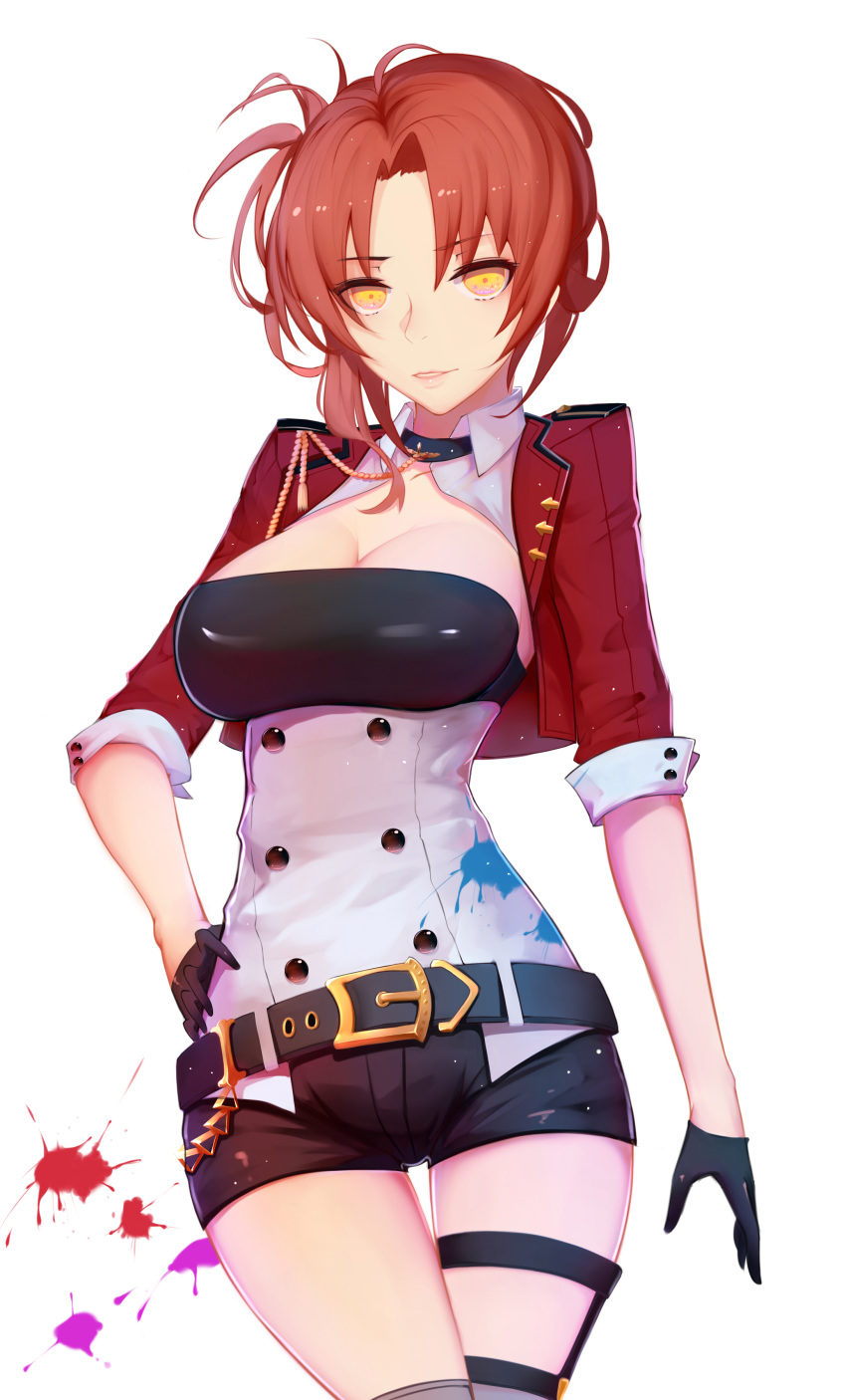1girl absurdres aiguillette bangs battle_storm belt benghuai_xueyuan black_gloves black_shorts breasts bustier choker cleavage commentary_request cowboy_shot cropped_jacket gloves hand_on_hip highres holster honkai_(series) honkai_impact_3 kugutsu_(961598140) large_breasts looking_at_viewer military_jacket murata_himeko parted_bangs parted_lips red_hair revision short_shorts shorts sleeves_rolled_up solo splashing standing thigh_gap thigh_holster thighhighs underbust yellow_eyes