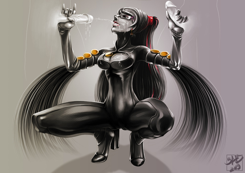 bayonetta bayonetta_(character) black_hair bodysuit breasts cleavage cleavage_cutout cum cum_in_mouth cum_on_breasts double_handjob facial fellatio glasses group_sex handjob long_hair mole oral penis red_ribbon sex simple_background skin_tight spread_legs squat uncensored very_long_hair
