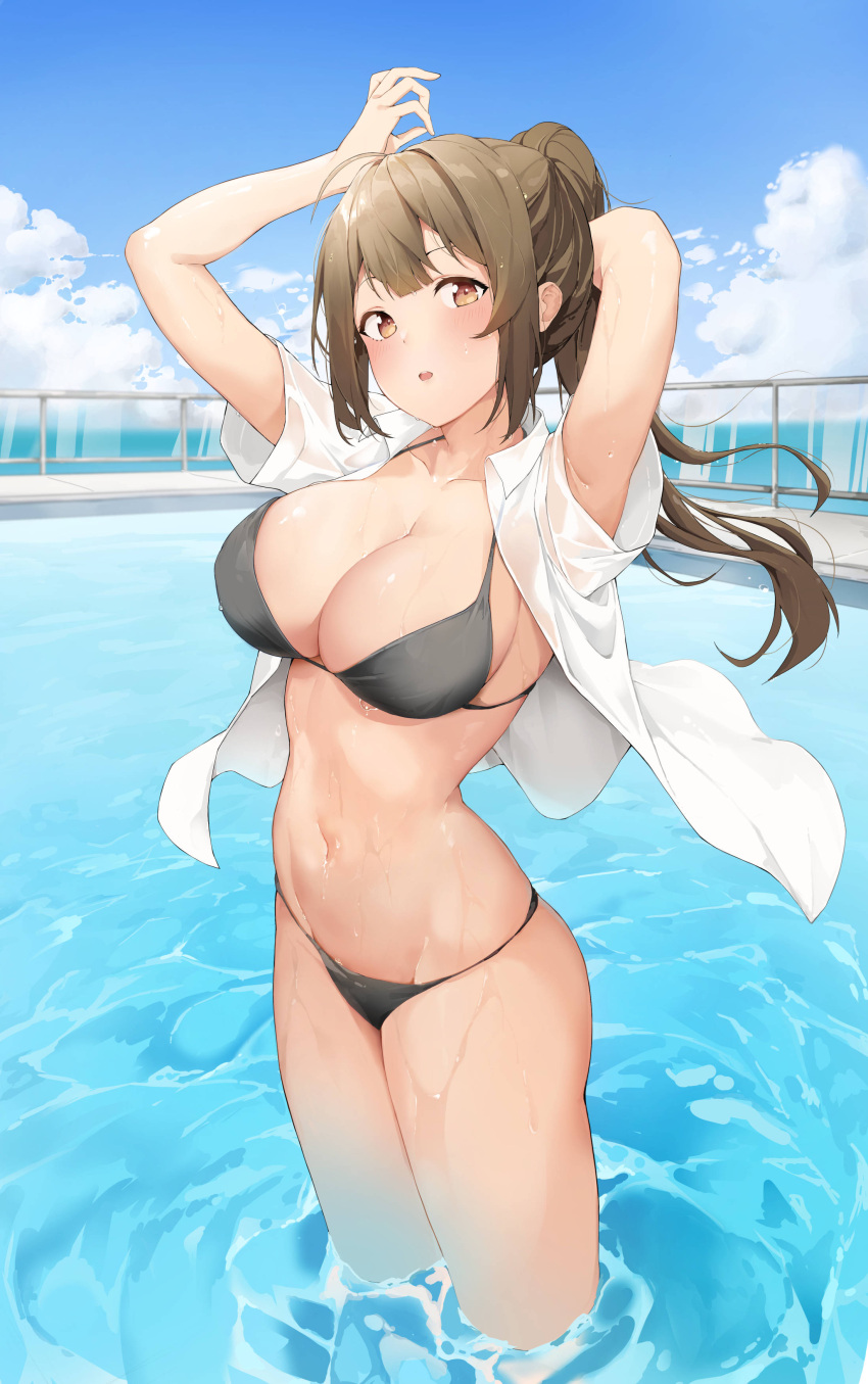 1girl absurdres arm_behind_head armpit_peek armpits arms_up bikini black_bikini breasts brown_eyes brown_hair cleavage highres idolmaster idolmaster_shiny_colors kiro_(kirotayu) kuwayama_chiyuki large_breasts long_hair looking_at_viewer navel open_clothes open_shirt parted_lips ponytail see-through shirt short_sleeves sidelocks solo stomach string_bikini swimsuit thighs wet wet_clothes wet_shirt white_shirt