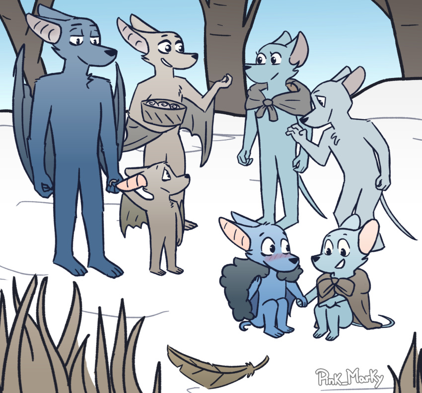 angel_in_the_forest anthro blue_body blue_fur blush chiropteran father female fur gesture group hand_holding hi_res larry_(yinller) male mammal montimer_(yinller) mother mouse murid murine parent parent_and_child pink_marky plant pointing rodent smile snow tree waving wings young