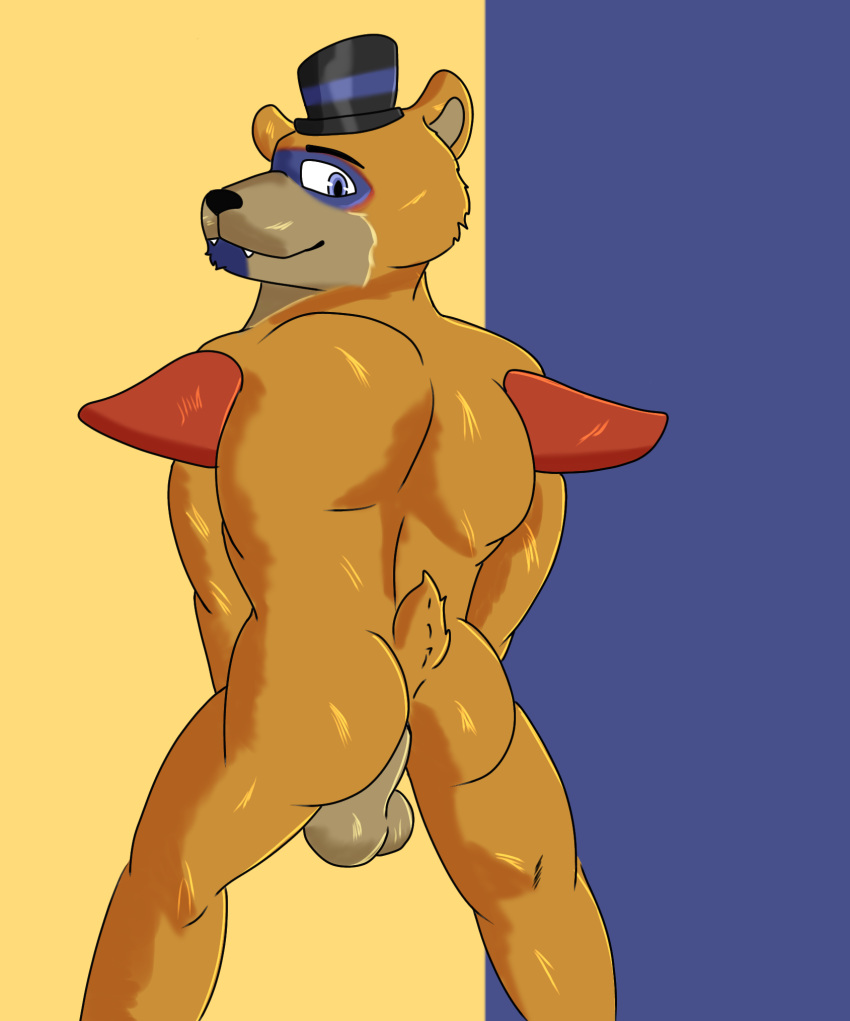 animatronic anthro balls butt father five_nights_at_freddy's five_nights_at_freddy's:_security_breach fur genitals glamrock_freddy_(fnaf) hi_res invalid_tag loneywolfboy122 looking_at_viewer looking_back machine male male/male mammal orange_body orange_fur parent robot scottgames solo standing ursid video_games