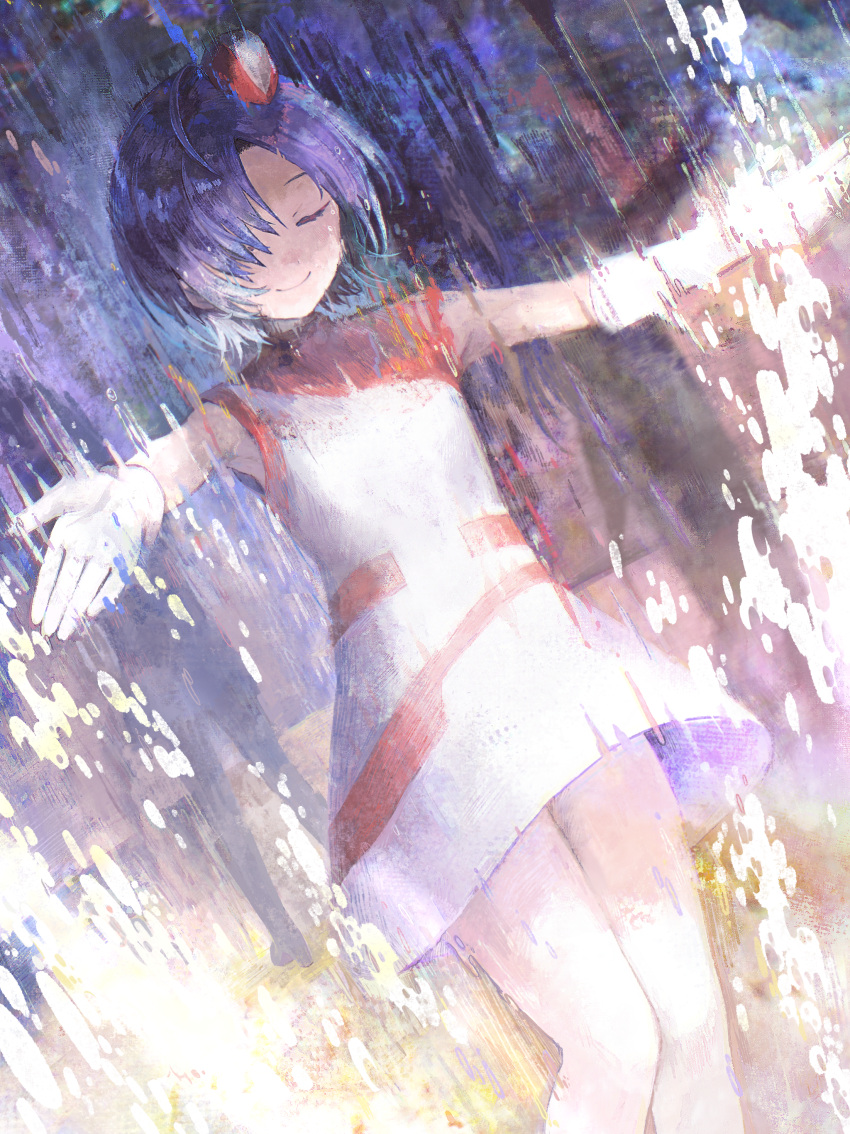 1girl absurdres asakura_tooru asymmetrical_gloves blue_hair closed_eyes commentary_request dress elbow_gloves gloves gradient_hair hai_bokusha hat highres idolmaster idolmaster_shiny_colors mismatched_gloves multicolored_hair outstretched_arms short_hair sleeveless sleeveless_dress solo spread_arms texture thighs water_drop white_gloves