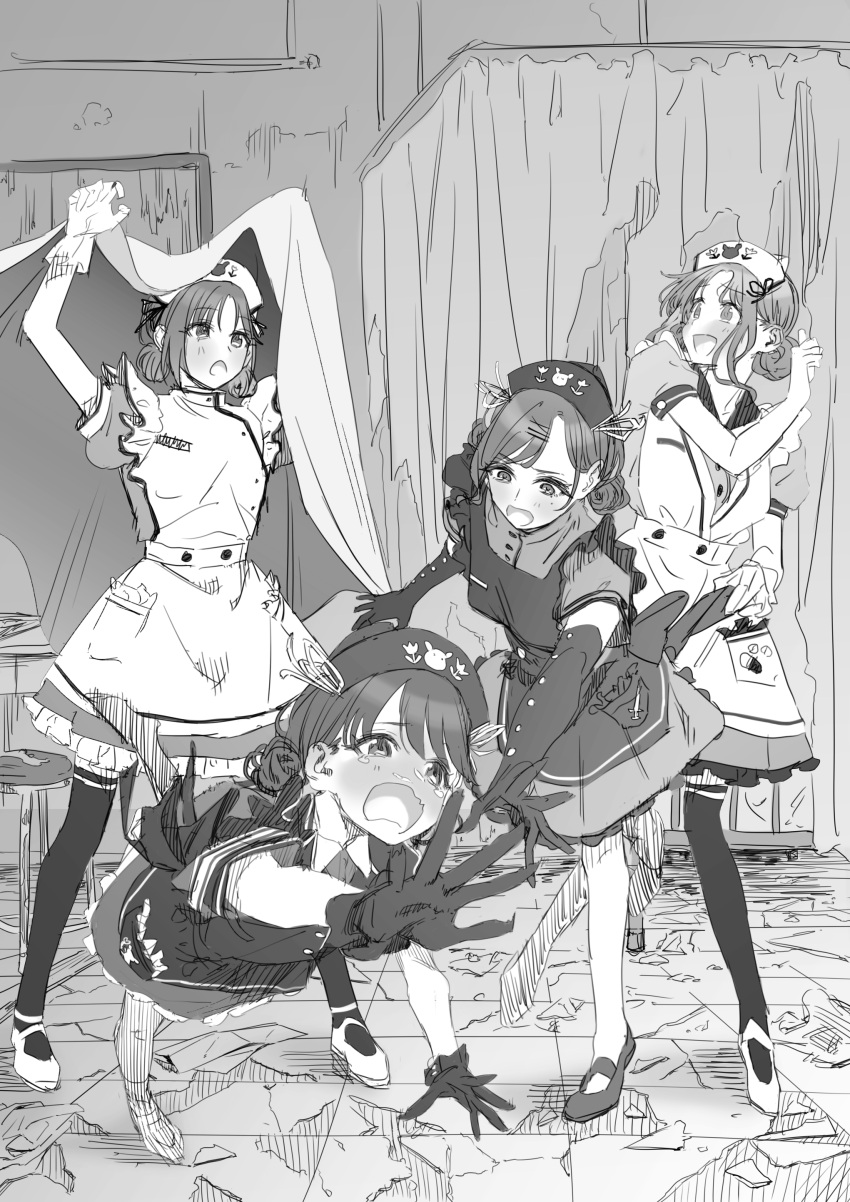 absurdres asakura_tooru commentary crying double_bun dress elbow_gloves fukumaru_koito gloves greyscale hair_ornament hairclip hat highres higuchi_madoka ichikawa_hinana idolmaster idolmaster_shiny_colors mary_janes mole mole_under_eye monochrome naga-agan noctchill_(idolmaster) nurse nurse_cap open_mouth puffy_short_sleeves puffy_sleeves ruins scared shoes short_sleeves tears thighhighs tied_hair