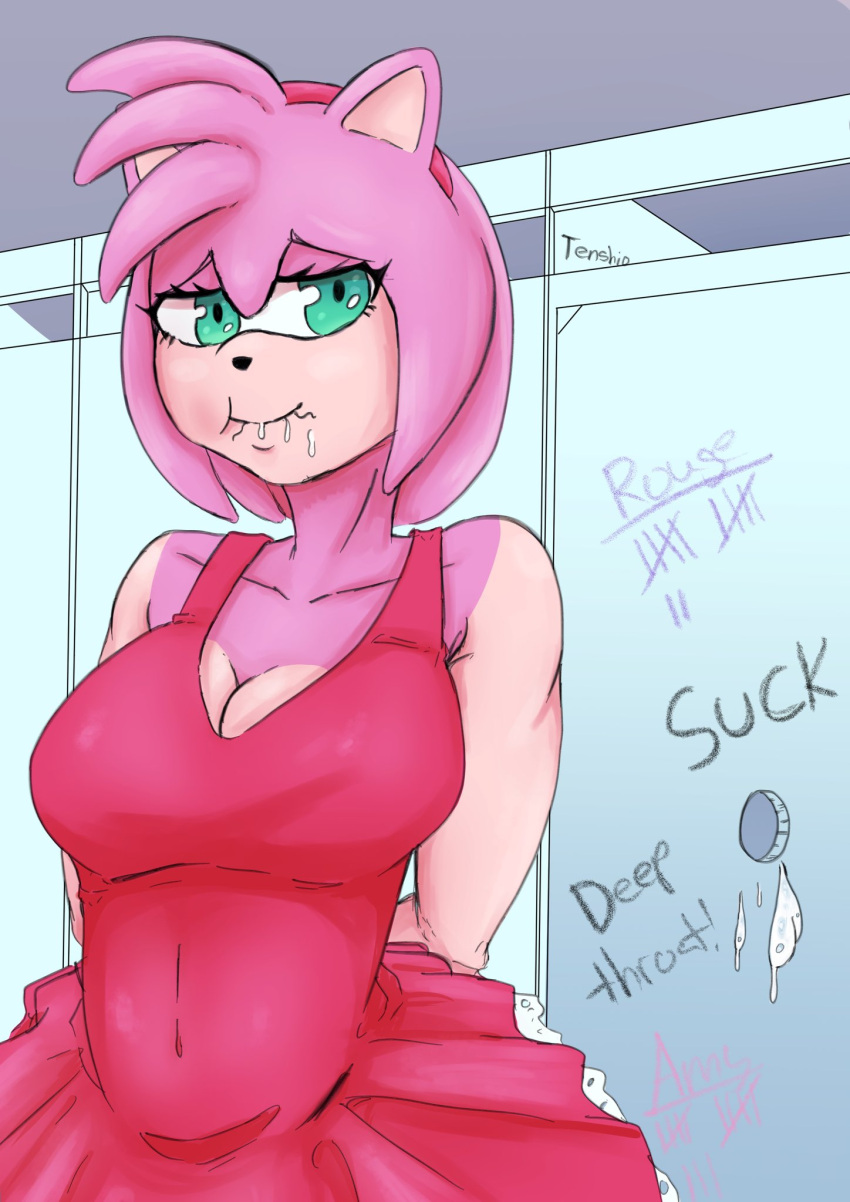 2021 amy_rose anthro bathroom bodily_fluids breasts cleavage clothed clothing cum cum_in_mouth cum_inside eulipotyphlan female genital_fluids glory_hole graffiti green_eyes hair hedgehog hi_res looking_at_viewer mammal pink_hair public_restroom sega signature solo sonic_the_hedgehog_(series) tally_marks tenshio tight_clothing