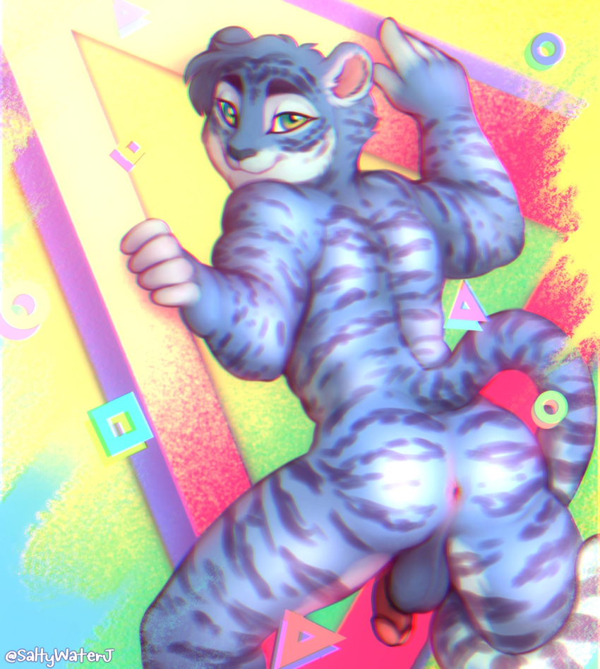 80's_theme anal animal_humanoid anthro anus blue_body blue_fur blue_hair butt felid felid_humanoid feral fur genitals green_eyes hair hi_res humanoid male mammal mammal_humanoid muscular pantherine pantherine_humanoid penis retro saltywaterj smile solo tiger tiger_humanoid