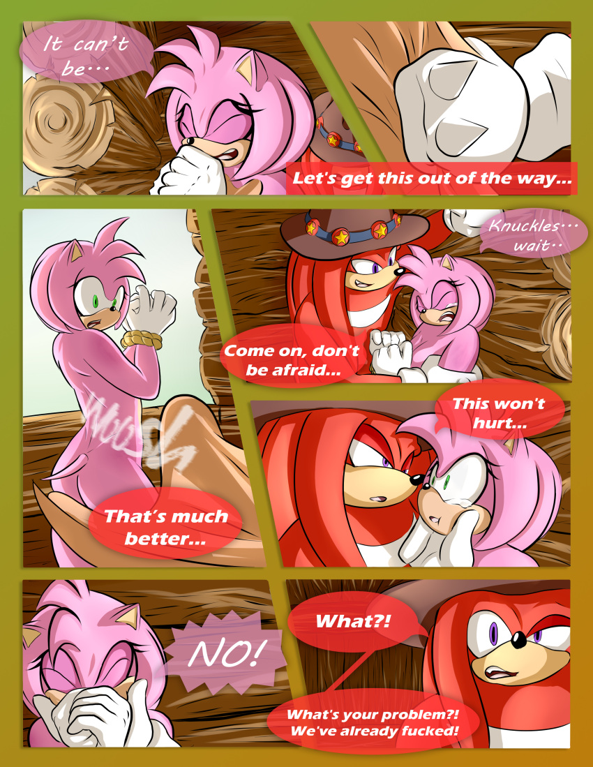 2020 absurd_res amy_rose anthro bdsm bondage bound breech_loader butt clothing comic detailed_background dialogue duo echidna english_text eulipotyphlan female fur green_eyes hands_tied handwear hat headgear headwear hedgehog hi_res kidnapping knuckles_the_echidna male mammal monotreme purple_eyes restraints rope rope_bondage sega sonic_the_hedgehog_(series) text toso video_games