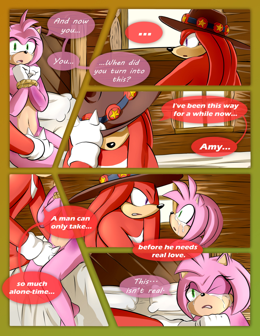 2020 absurd_res amy_rose anthro bdsm bodily_fluids bondage bound breech_loader clothing comic crying detailed_background dialogue duo echidna english_text eulipotyphlan female fur green_eyes hand_on_leg hand_on_thigh hands_tied handwear hat headgear headwear hedgehog hi_res kidnapping knuckles_the_echidna male mammal monotreme purple_eyes restraints rope rope_bondage sega sonic_the_hedgehog_(series) tears text toso video_games