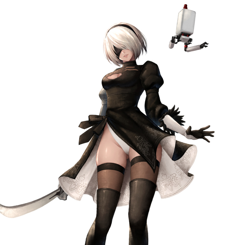 1girl absurdres annno_ans ass_visible_through_thighs black_dress black_footwear black_hairband black_legwear blindfold boots breasts cleavage cleavage_cutout clothing_cutout commentary_request dress feather_trim floating gloves hair_ornament hairband highres holding holding_sword holding_weapon katana leotard leotard_under_clothes lips long_sleeves medium_breasts mole mole_under_mouth nier_(series) nier_automata parted_lips pod_(nier_automata) robot shiny shiny_clothes shiny_skin short_dress short_hair simple_background smile sword thigh_boots thighhighs thighs turtleneck weapon white_background white_hair yorha_no._2_type_b