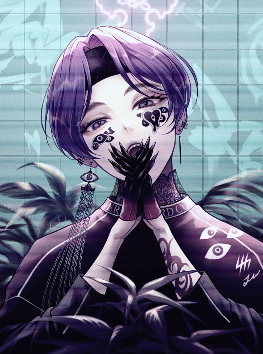 1boy aki_(xxparadexx) ear_piercing earrings eyeball gloves headband highres jewelry looking_at_viewer male_focus open_mouth original pale_skin piercing purple_eyes purple_hair tattoo