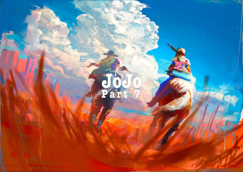 2boys beanie brown_hat cape cloud cloudy_sky commentary_request cowboy_hat english_text from_behind green_cape gyro_zeppeli hat highres horseback_riding johnny_joestar jojo_no_kimyou_na_bouken multiple_boys purple_shirt riding shirt short_sleeves sky slow_dancer_(jojo) steel_ball_run tusk_(stand) tusk_act1 uu0000322 valkyrie_(jojo) white_hat