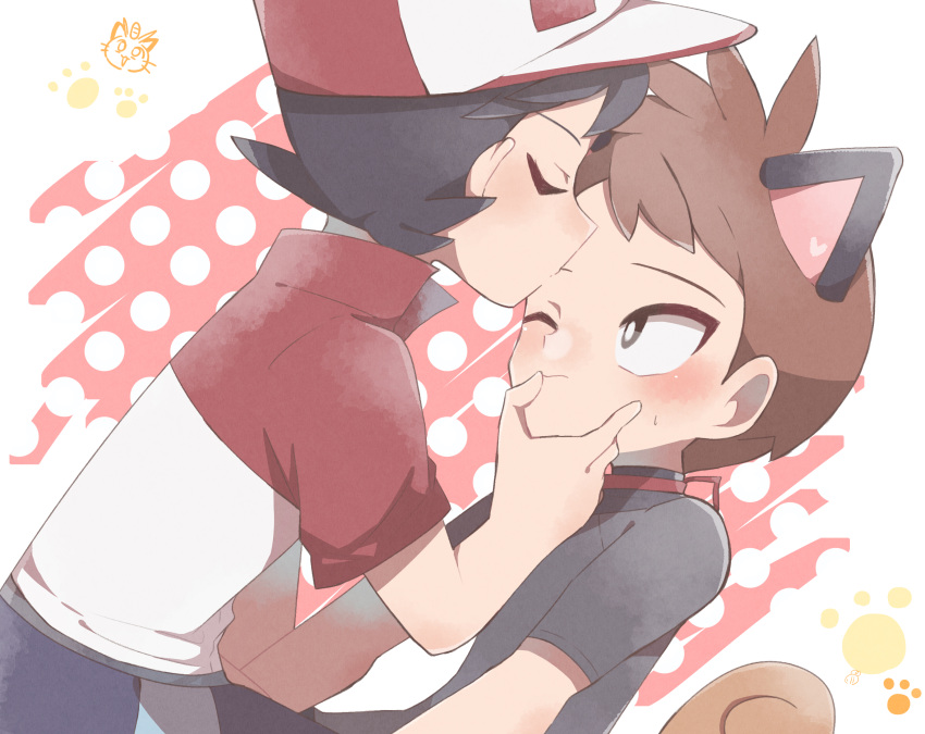 2boys absurdres animal_ears bangs baseball_cap black_hair blush bright_pupils brown_hair chase_(pokemon) closed_eyes closed_mouth commentary_request grey_eyes grey_shirt hachi_(hachi_sin) hat highres kiss kissing_forehead male_focus meowth multiple_boys pokemon pokemon_(game) pokemon_lgpe shirt short_hair short_sleeves sweatdrop trace_(pokemon) white_pupils yaoi