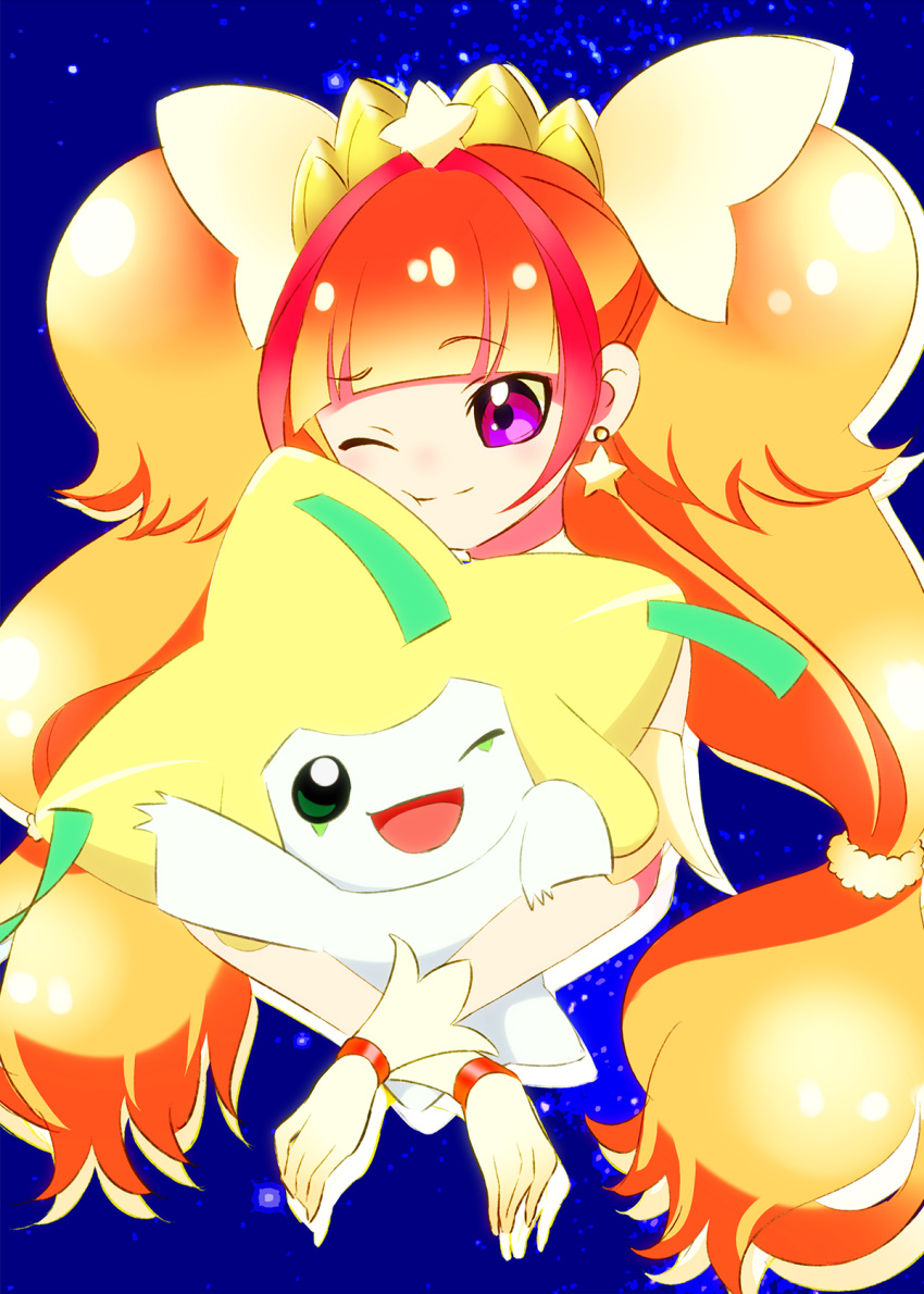 1girl amanogawa_kirara blonde_hair crossover cure_twinkle earrings eyebrows_visible_through_hair gene_guyver go!_princess_precure highres hug jewelry jirachi long_hair magical_girl one_eye_closed open_mouth pokemon pokemon_(creature) precure purple_eyes smile star_(symbol) star_earrings starry_background tanabata twintails very_long_hair waving