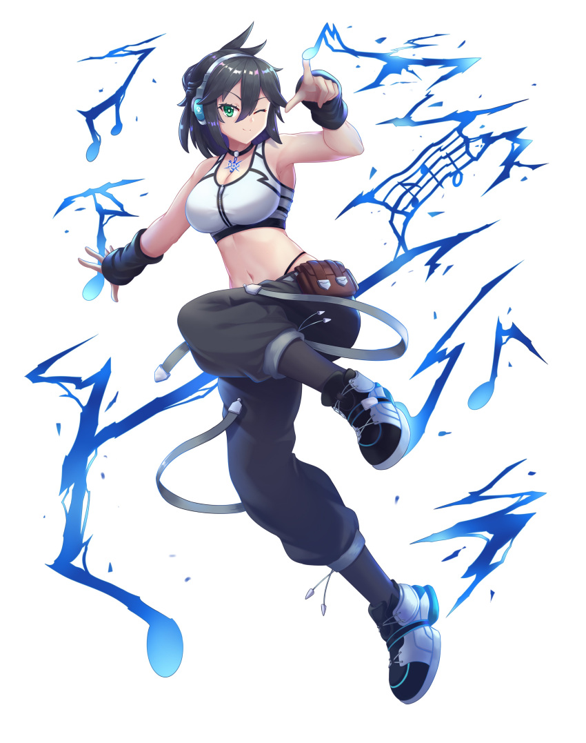 1girl absurdres black_choker black_hair black_pants borrowed_character breasts choker cleavage eighth_note green_eyes hair_between_eyes half_note headphones highres index_finger_raised large_breasts lucia_(scott_malin) medium_hair metalixix musical_note one_eye_closed original pants quarter_note shoes solo sports_bra white_sports_bra