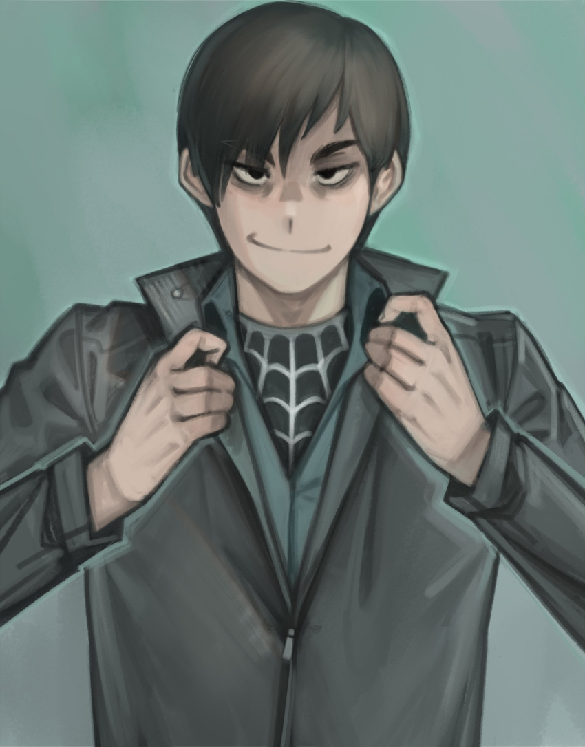 1boy alternate_hairstyle black_bodysuit black_eyes black_hair black_jacket bodysuit bully_maguire_(meme) dark_persona english_commentary evil_smile green_shirt highres jacket kelvin_hiu male_focus marvel meme official_alternate_costume peter_parker shaded_face shirt silk smile spider-man_(series) spider-man_3 spider_web spider_web_print superhero tobey_maguire transformation upper_body zipper zipper_pull_tab