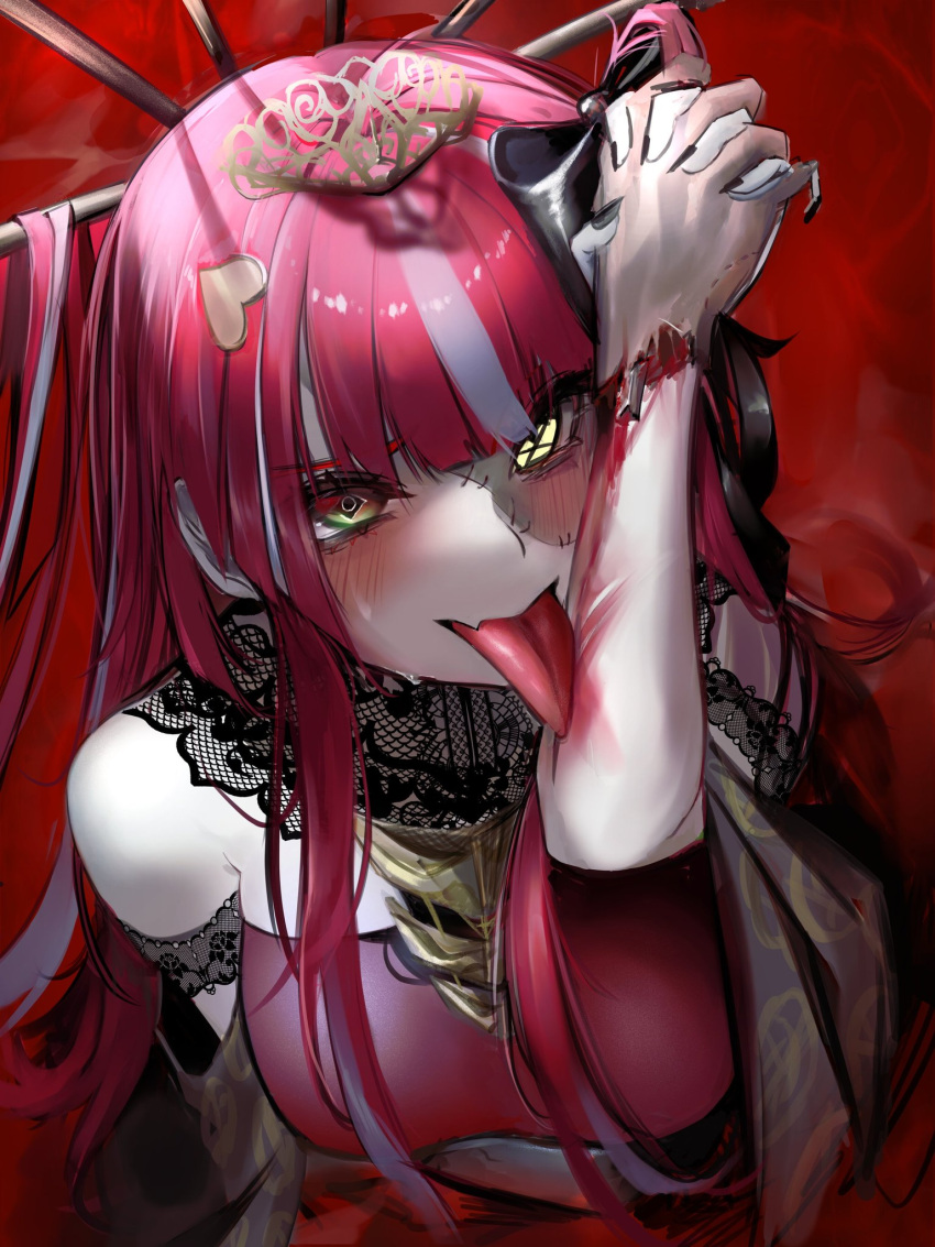 1girl bite_mark blood blush exposed_bone fang guro hair_ornament hair_ribbon heart heart_hair_ornament heterochromia highres hololive hololive_indonesia kureiji_ollie lace lace_collar licking_arm multicolored_hair patchwork_skin red_hair ribbon ryung502 severed_hand skin_fang solo streaked_hair upper_body virtual_youtuber zombie