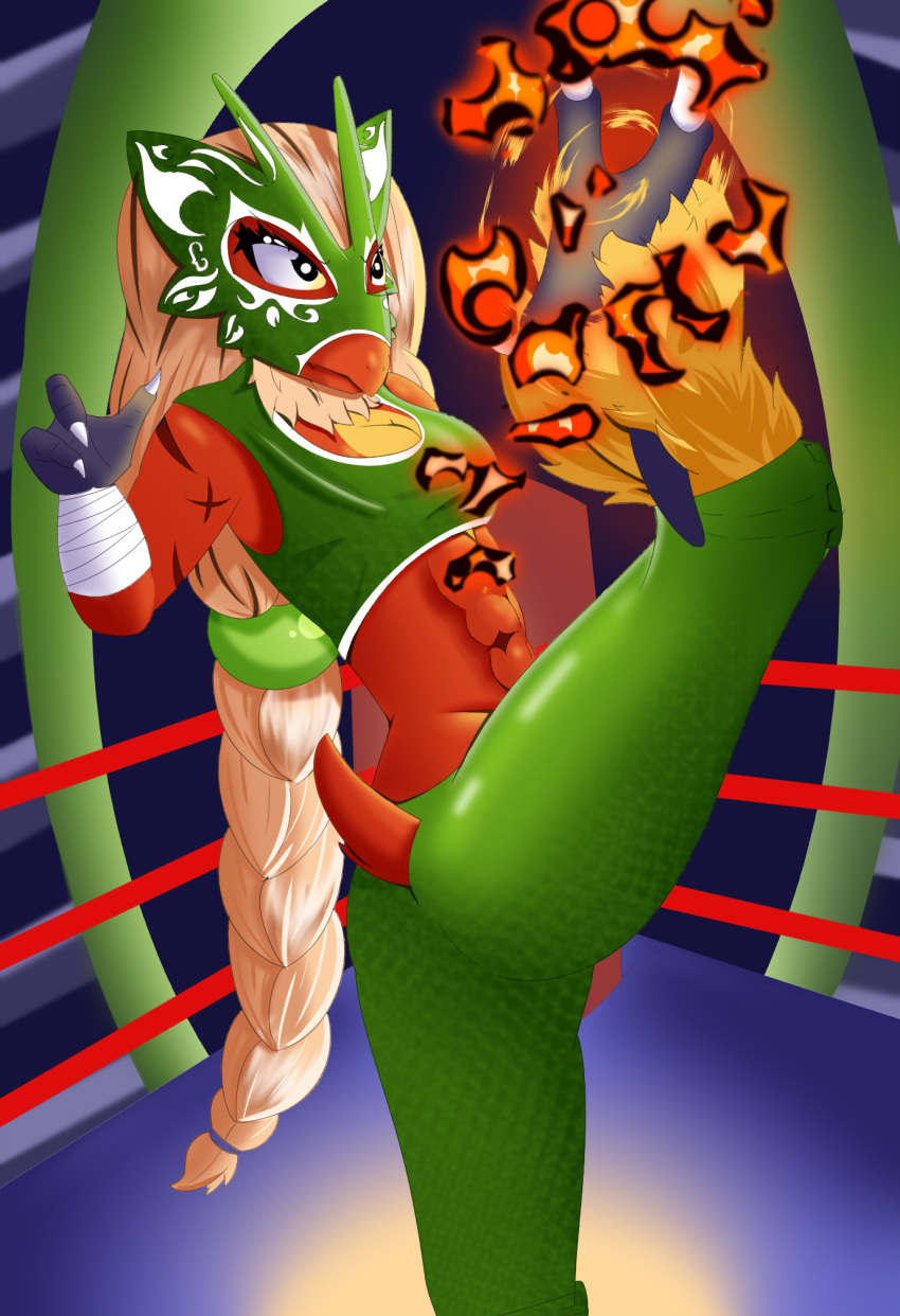 2021 abs action_pose anthro avian beak blaziken blue_eyes claws esperanza_(atomic417) feathers female fighting_ring fire hair hi_res lucha_libre_mask luchador mask nintendo not_furry pok&eacute;mon pok&eacute;mon_(species) pose red_body scar simple_background solo sports_mask sportswear tail_feathers talons the_ventramp video_games white_hair wrestler wrestling_mask