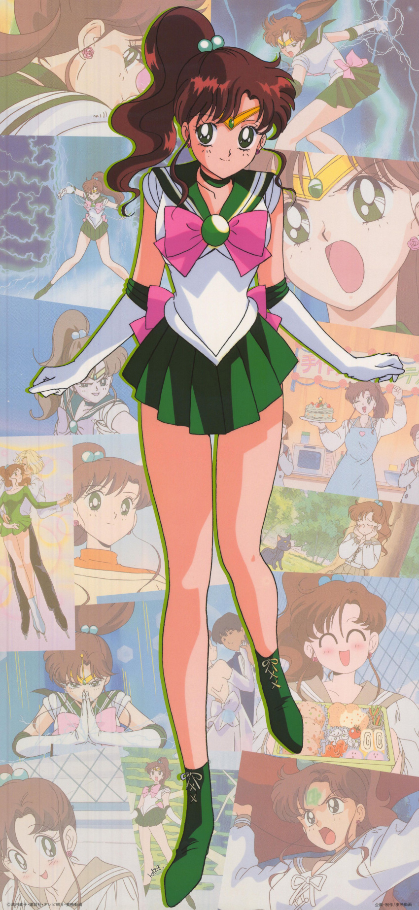 1980s_(style) 1girl absurdres arm_up back_bow bangs bento bishoujo_senshi_sailor_moon blush bow brown_hair cake carrying_overhead choker drop_shadow earrings electricity facial_mark food forehead_mark green_choker green_footwear green_sailor_collar green_skirt high_ponytail highres holding_hands ice_skates incoming_food inner_senshi jewelry jupiter_symbol kino_makoto leotard long_hair long_sleeves magical_girl miniskirt multiple_views official_art one_eye_closed open_mouth own_hands_together panels pleated_skirt retro_artstyle sailor_collar sailor_jupiter sailor_senshi scan school_uniform skates skirt smile tiara