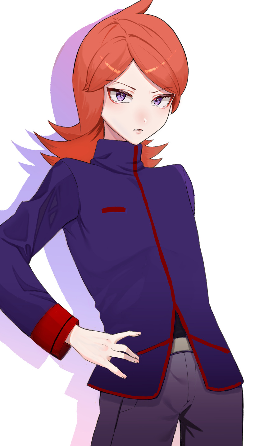 1boy absurdres bangs belt_buckle black_shirt buckle commentary_request cowboy_shot frown hand_on_hip highres jacket long_hair long_sleeves looking_at_viewer male_focus okuro_zmzm orange_hair pants parted_bangs parted_lips pokemon pokemon_(game) pokemon_hgss purple_eyes purple_jacket shiny shiny_hair shirt silver_(pokemon) solo