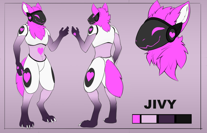 &lt;3 absurd_res anthro armor black_armor black_visor blaker claws color_swatch fur hi_res jivy machine male model_sheet pink_body pink_ears pink_eyes pink_fur pink_heart pink_mouth pink_nose pink_tail protogen solo white_armor white_claws