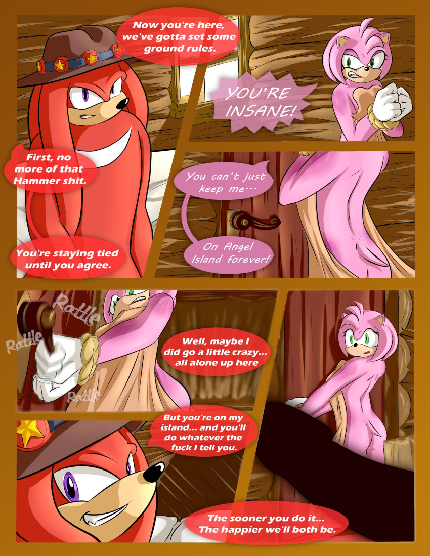 2020 absurd_res amy_rose anthro bdsm bondage bound breech_loader butt clothing comic detailed_background dialogue duo echidna english_text eulipotyphlan female fur green_eyes hands_tied handwear hat headgear headwear hedgehog hi_res kidnapping knuckles_the_echidna male mammal monotreme purple_eyes restraints rope rope_bondage sega sonic_the_hedgehog_(series) text toso video_games