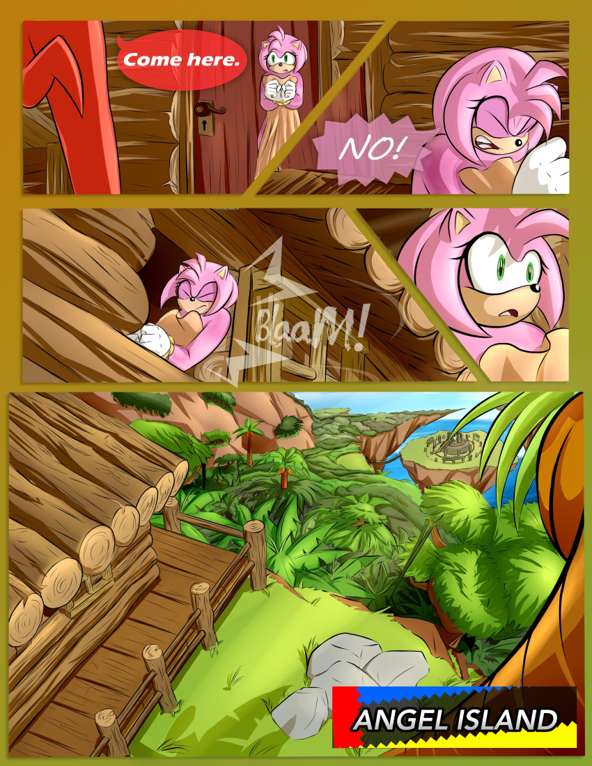 2020 absurd_res amy_rose anthro bdsm bondage bound breech_loader clothing comic detailed_background dialogue duo echidna english_text eulipotyphlan female fur green_eyes hands_tied handwear hedgehog hi_res kidnapping knuckles_the_echidna male mammal monotreme purple_eyes restraints rope rope_bondage sega sonic_the_hedgehog_(series) text toso video_games