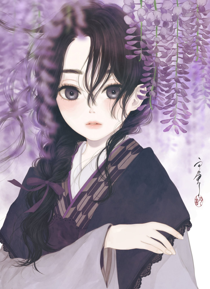 1girl bangs black_hair blurry blurry_background blurry_foreground braid commentary_request depth_of_field floating_hair flower hair_between_eyes hair_ribbon hand_up highres japanese_clothes kimono lace-trimmed_kimono lace_trim light_blush long_hair long_sleeves looking_at_viewer original parted_hair parted_lips purple_eyes purple_flower purple_kimono purple_ribbon ribbon seal_impression signature solo upper_body ushiyama_ame wide_sleeves wisteria yagasuri