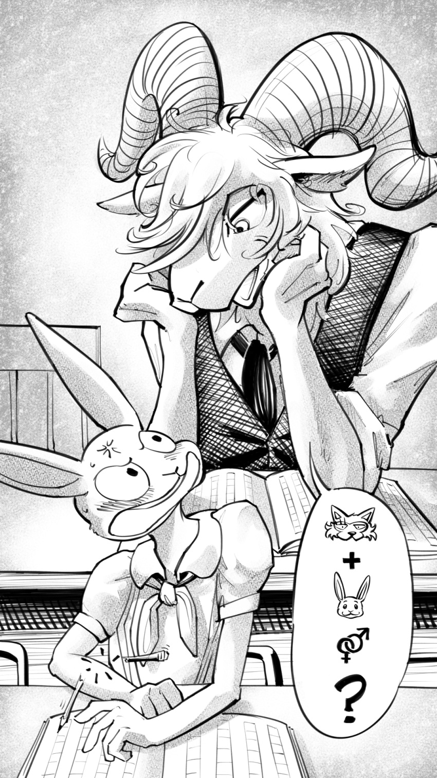 2021 5_fingers angry anthro beastars blush book bovid caprine chair clothed clothing cross-popping_vein dall_sheep desk digital_media_(artwork) duo embarrassed female fingers furniture gender_symbol greyscale haru_(beastars) hi_res horn lagomorph leporid male mammal monochrome necktie nowego_(artist) pencil_(object) pictographics pina_(beastars) rabbit sheep shirt size_difference speech_bubble symbol table teasing topwear vest