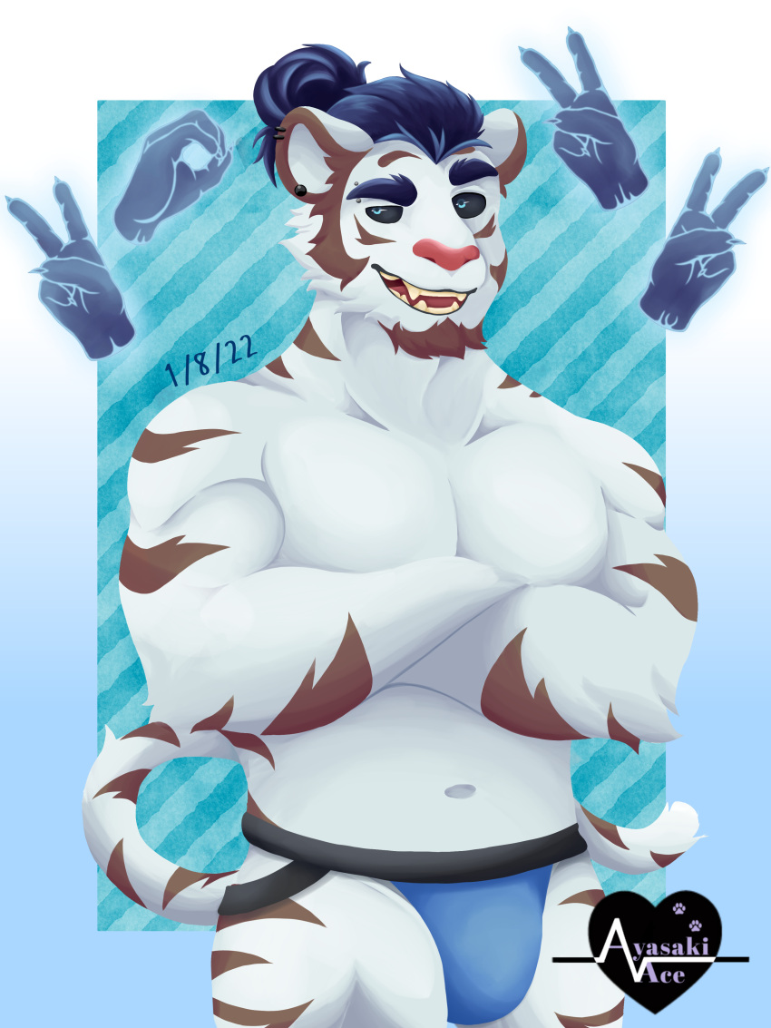 absurd_res anthro ayasakiace clothed clothing digital_media_(artwork) disembodied_hand felid ghost_hands hair hi_res jockstrap jockstrap_only looking_at_viewer male male/male mammal pantherine simple_background smile solo suit tiger underwear