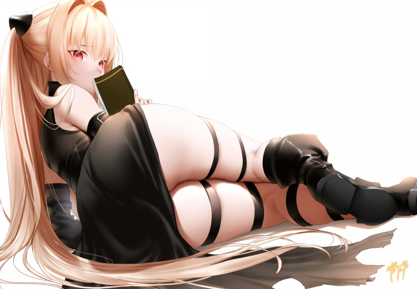 arm_support ass black_dress black_footwear blonde_hair blush book boots detached_sleeves dress from_behind hair_intakes highres holding holding_book knee_boots konjiki_no_yami long_hair long_sleeves looking_at_viewer looking_back lying on_side open_book ponytail red_eyes signature simple_background skindentation thigh_strap to_love-ru to_love-ru_darkness very_long_hair white_background zasshu