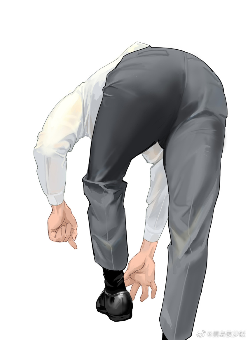 1boy adjusting_footwear adjusting_sock ass formal from_behind full_body grey_pants highres kuroshima_kurishiro_(muyi24108414) leaning_forward leather_footwear male_focus original pants salaryman shirt solo white_background white_shirt