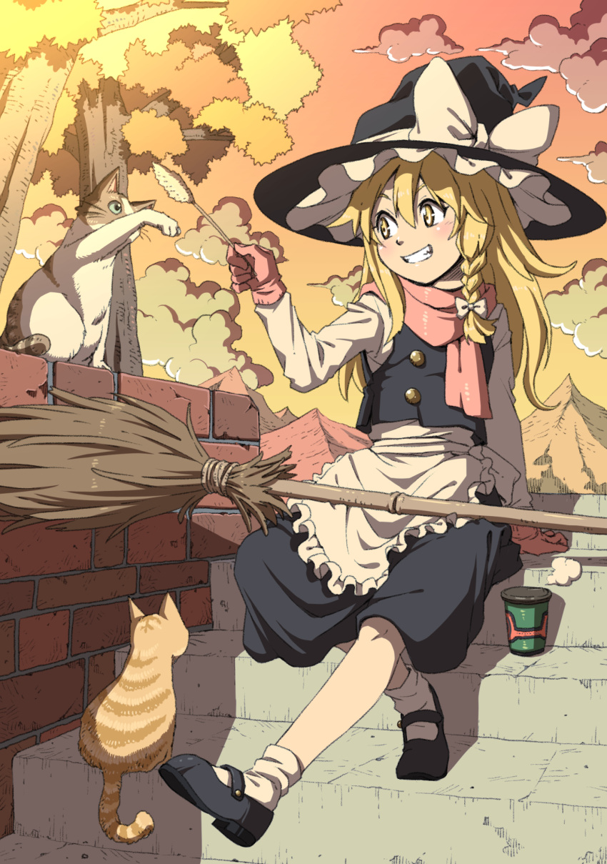 1girl animal apron bamboo_broom black_footwear black_headwear black_skirt black_vest blonde_hair blush bow braid brick_wall broom buttons cat cattail cloud cup disposable_cup evening gloves grin hair_bow hand_up hat hat_bow highres holding inuno_rakugaki kirisame_marisa long_hair long_sleeves mary_janes mountain orange_sky outdoors outstretched_leg pink_gloves pink_scarf plant scarf shirt shoes side_braid single_braid sitting sitting_on_stairs skirt skirt_set sky smile solo stairs steam stone_stairs teeth touhou tree vest waist_apron white_bow white_legwear white_shirt witch_hat yellow_eyes
