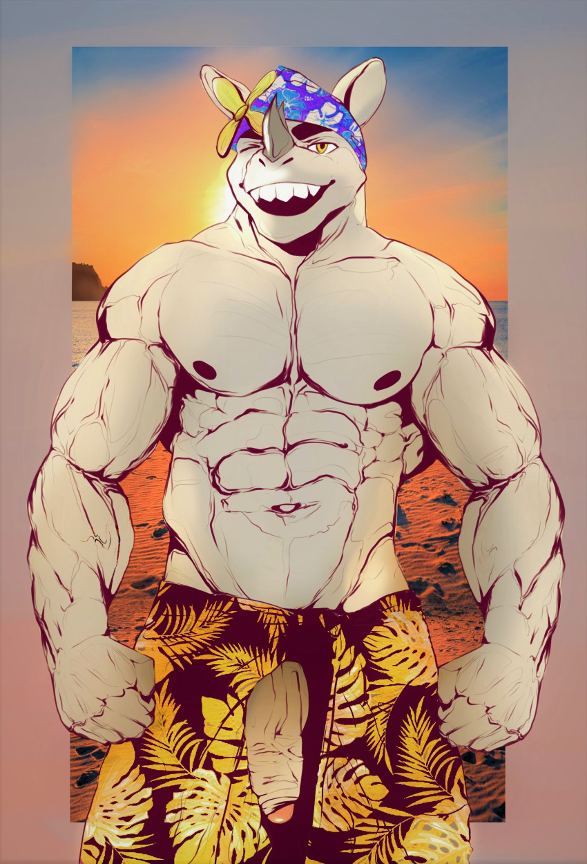 2022 abs absurd_res anthro bandanna barazoku beach big_muscles big_penis border clothed clothing day eyebrows fist flaccid foreskin front_view genitals ggan_ggandi grey_border hi_res horn huge_muscles humanoid_genitalia humanoid_penis kerchief looking_at_viewer male mammal muscular muscular_anthro muscular_male navel nipples obliques one_eye_closed open_mouth open_smile outside pecs penis poking_out rhinocerotoid sand seaside sky smile solo standing sun sunset swimming_trunks swimwear teeth topless topless_anthro topless_male vein water wink