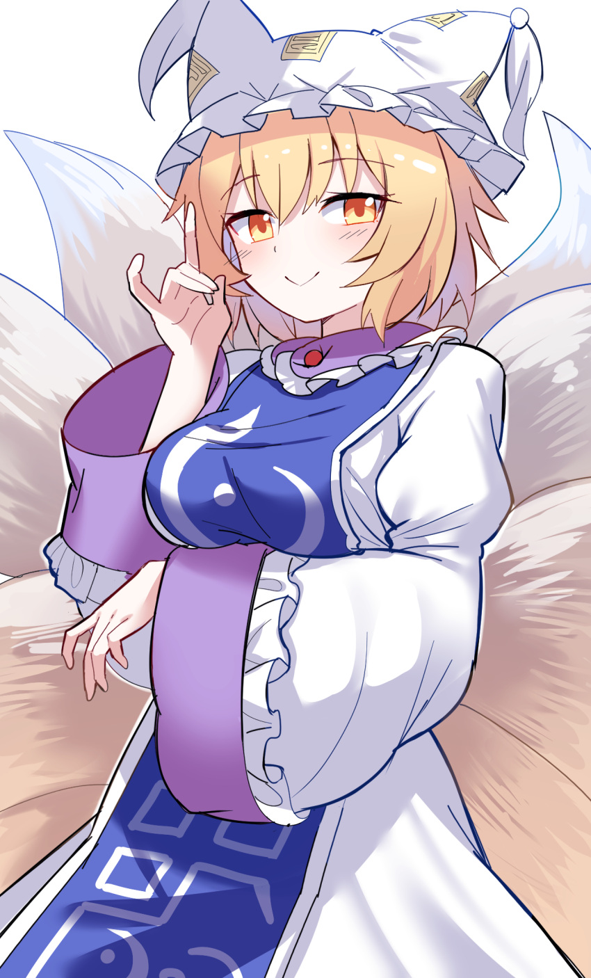 1girl animal_ears blonde_hair blush closed_mouth dress e.o. eyebrows_visible_through_hair fox_ears fox_tail hair_between_eyes hat highres juliet_sleeves long_sleeves multiple_tails puffy_sleeves short_hair simple_background smile solo tabard tail touhou white_background white_dress white_headwear wide_sleeves yakumo_ran yellow_eyes