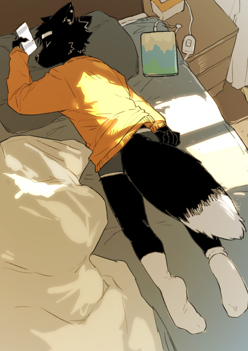 2022 absurd_res anthro bed black_body black_fur canid canine cellphone cheek_tuft clothing dipstick_tail eyes_closed facial_tuft footwear fox fur furniture grey_clothing grey_underwear hi_res holding_cellphone holding_object holding_phone holding_smartphone inner_ear_fluff kemono lying lying_on_bed male mammal markings milkytiger1145 on_bed on_front phone pillow smartphone socks solo sweater tail_markings topwear tuft underwear white_clothing white_footwear white_socks yellow_clothing yellow_sweater yellow_topwear