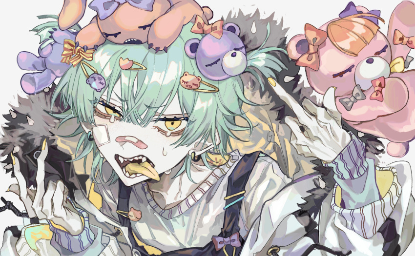 1other absurdres androgynous bandaid blue_hair bow colored_tongue hair_ornament hairclip highres kuroume_(aihikarikuroume24) long_sleeves middle_finger nail_polish original pale_skin ribbon short_twintails stuffed_animal stuffed_toy teddy_bear tongue tongue_out twintails yellow_eyes yellow_tongue