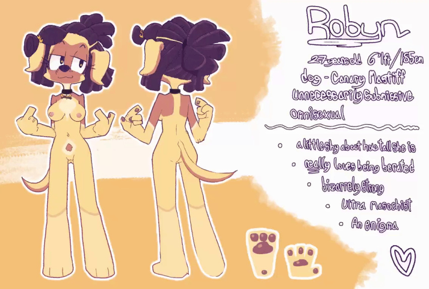2022 animated anthro braided_hair canaryprimary canid canine canis choker collar domestic_dog english_text female gesture hair jewelry mammal model_sheet necklace nude pawpads pinkanimations pointing pointing_at_self pubes robyn_(canaryprimary) solo tail_motion tailwag text