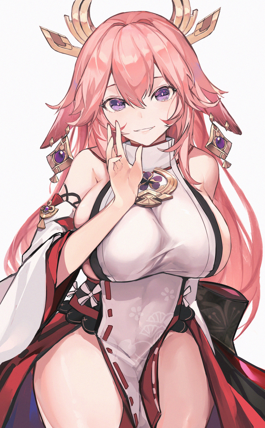 1girl absurdres breasts detached_sleeves fanshu fingernails genshin_impact grey_background hair_between_eyes hair_ornament highres japanese_clothes large_breasts long_hair looking_at_viewer miko nail_polish pink_hair priestess purple_eyes red_nails simple_background smile solo thighs yae_(genshin_impact)