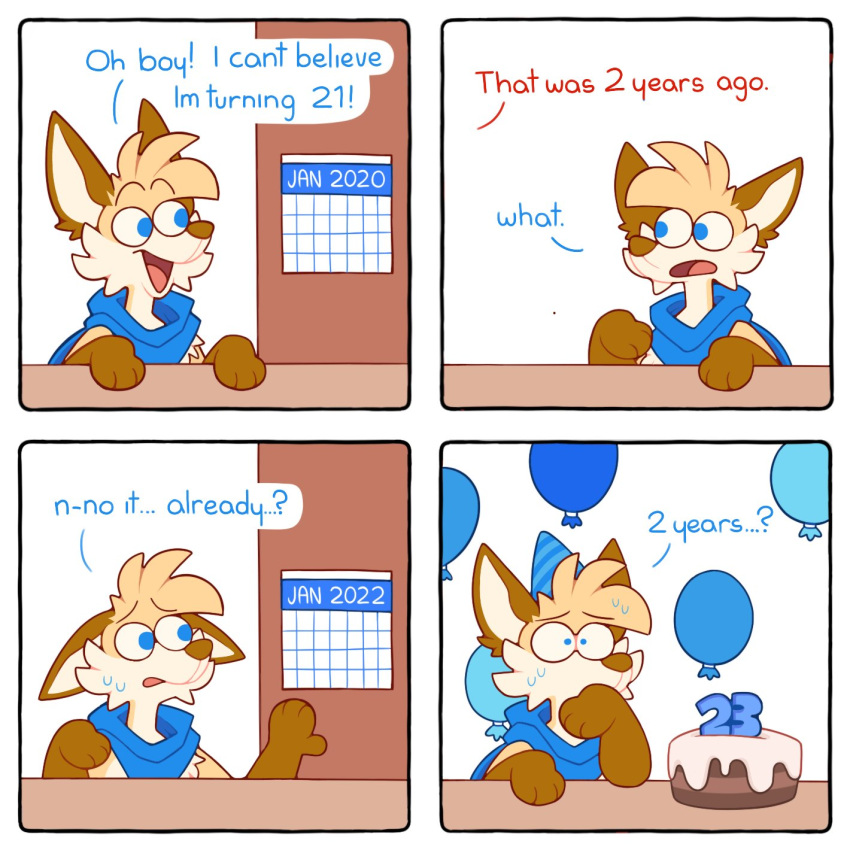 ! 2022 ? anthro balloon birthday_cake blue_eyes brown_body brown_fur cake calendar canid canine comic dessert dialogue digital_media_(artwork) english_text fennec flip_(flipyart) flipyart food fox fur hi_res inflatable mammal nonbinary_(lore) offscreen_character solo speech_bubble text yellow_body yellow_fur