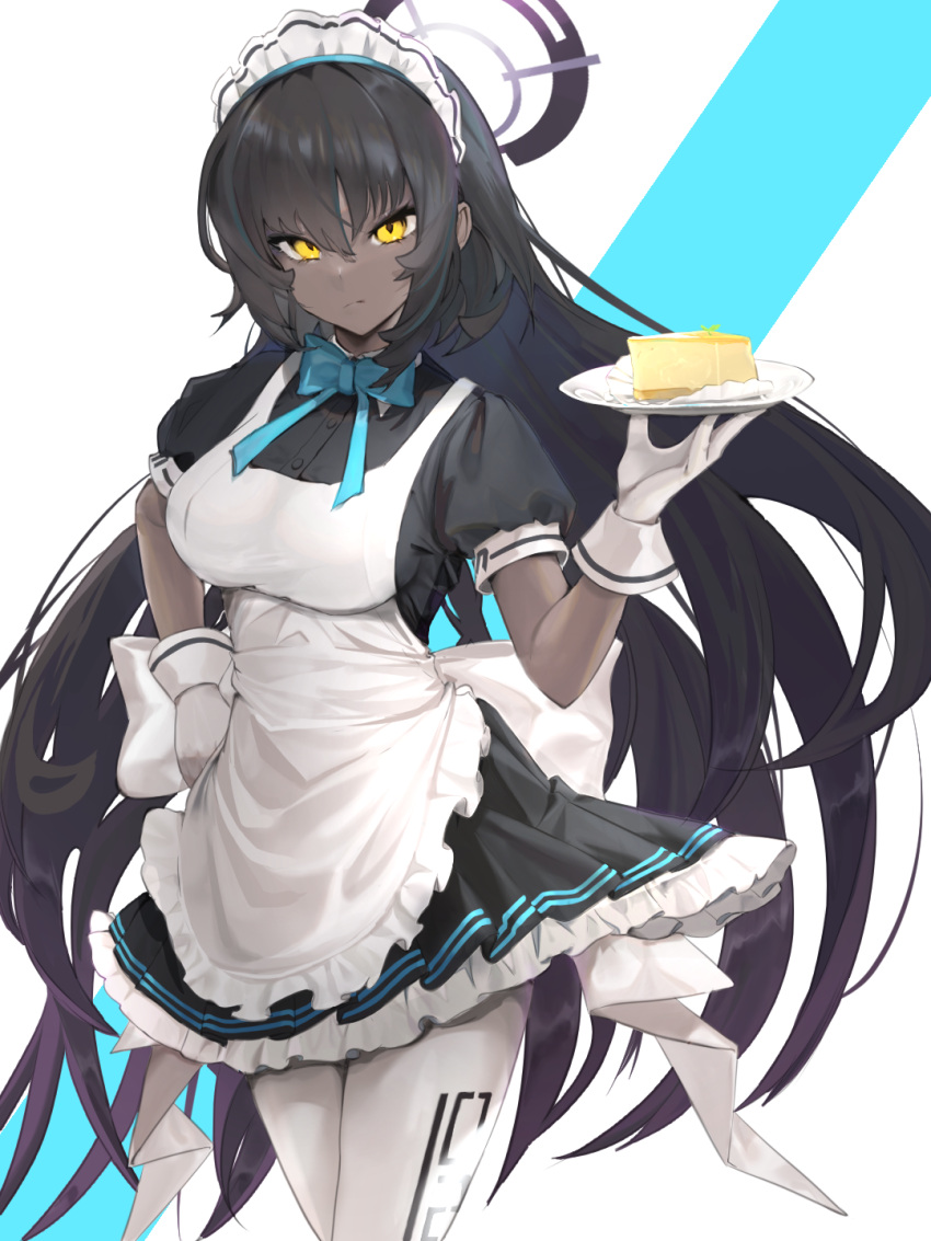 1girl apron bangs black_dress black_hair blue_archive blue_bow blue_bowtie bow bowtie closed_mouth commentary_request cowboy_shot daiiichukiii dark-skinned_female dark_skin dress frilled_apron frilled_dress frills gloves gradient_hair halo hand_on_hip hand_up highres holding holding_plate karin_(blue_archive) large_bow leotard long_hair looking_down maid_headdress medium_hair multicolored_hair pantyhose plate puffy_short_sleeves puffy_sleeves purple_hair short_sleeves standing two-tone_hair very_long_hair white_apron white_bow white_gloves white_leotard yellow_eyes