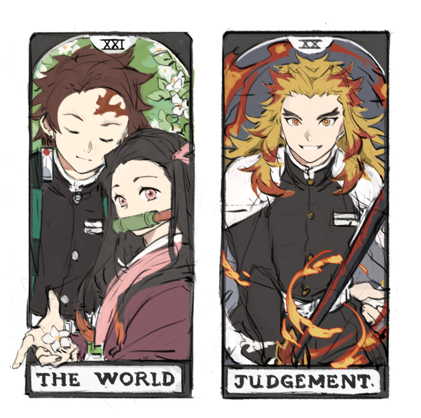 1girl 2boys bangs bit_gag black_hair brown_hair cape closed_eyes fire gag gakuran hair_ribbon highres japanese_clothes judgement_(tarot) kamado_nezuko kamado_tanjirou katana kimetsu_no_yaiba long_hair looking_at_viewer multicolored_hair multiple_boys papajay_(jennygin2) parted_lips pink_eyes red_hair rengoku_kyoujurou ribbon scar scar_on_face school_uniform simple_background sword tarot the_world_(tarot) upper_body weapon white_background yellow_eyes